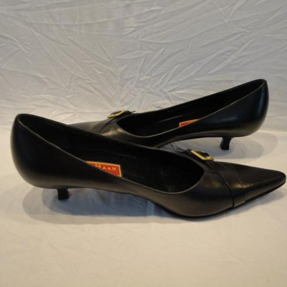 Black Leather Kitten Heel Pumps